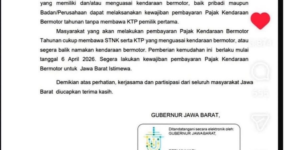 Bayar Pajak Kendaraan di Jabar Tak Perlu KTP Pemilik Pertama Mulai April 2026
