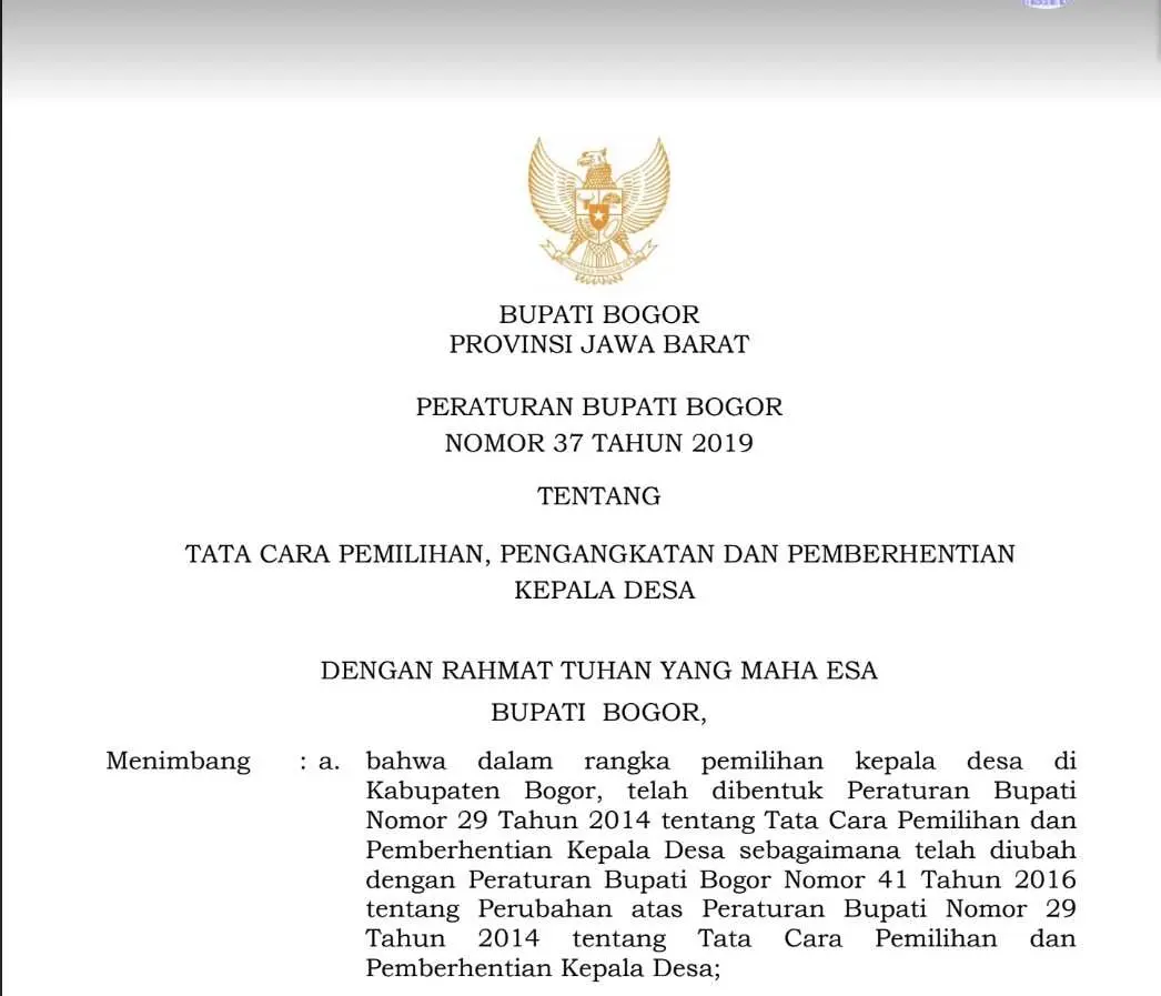 Peraturan Bupati Bogor tentang Pilkades 2019